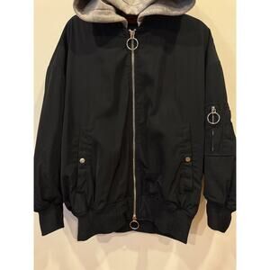 Zara Oversized Black Bomber Jacket w/ Gray Hoodie & Orange Lining - Size S